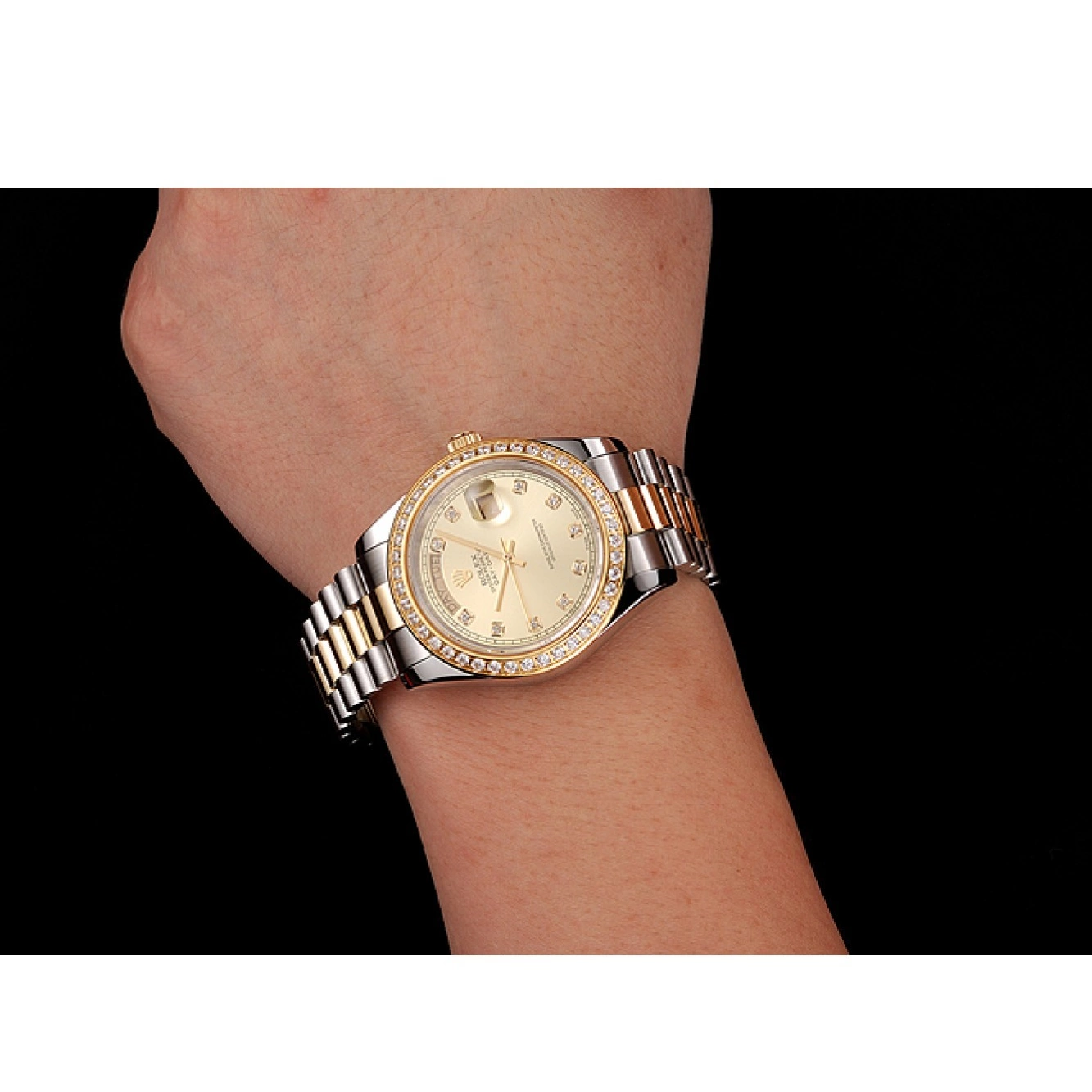 Aaa fake watches Rolex Champagne Case Day-Date Diamond Bracelet Tone Dial 1453974 Stainless Two Gold Swiss Steel 0818